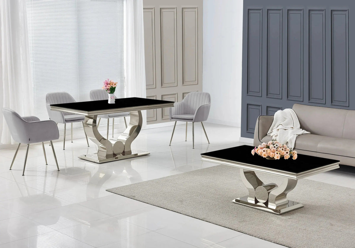 Salle à manger complète verre noir et argent | Juno