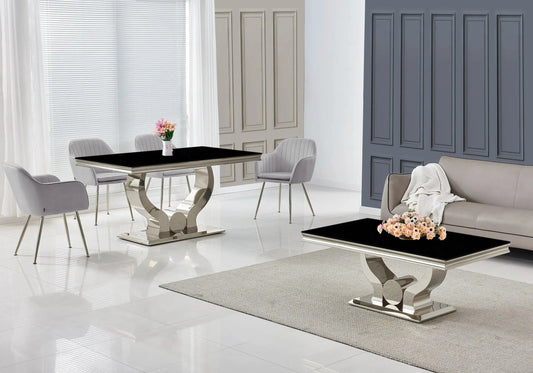 Salle à manger complète verre noir et argent | Juno