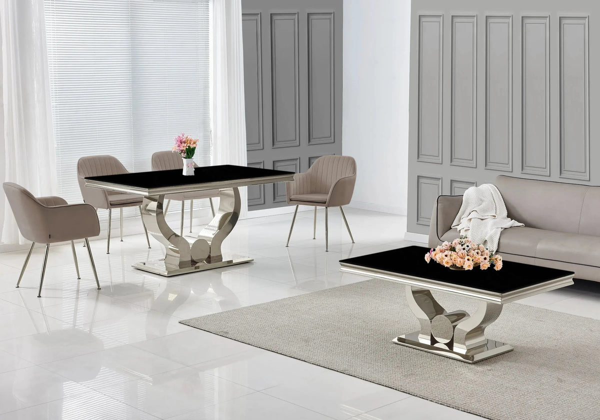 Salle à manger complète verre noir et argent | Juno