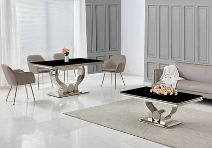 Salle à manger complète verre noir et argent | Juno