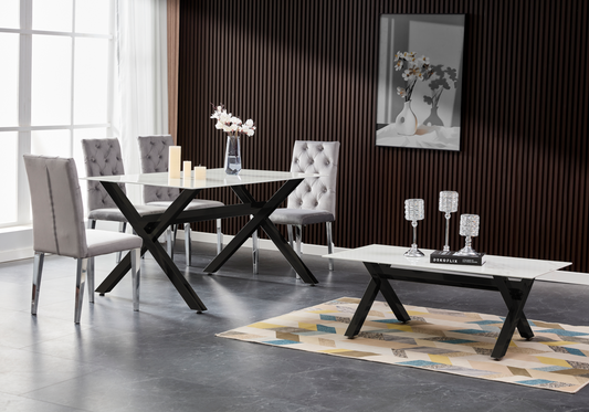 Ensemble salle à manger marbre blanc pieds x noirs | Zyro