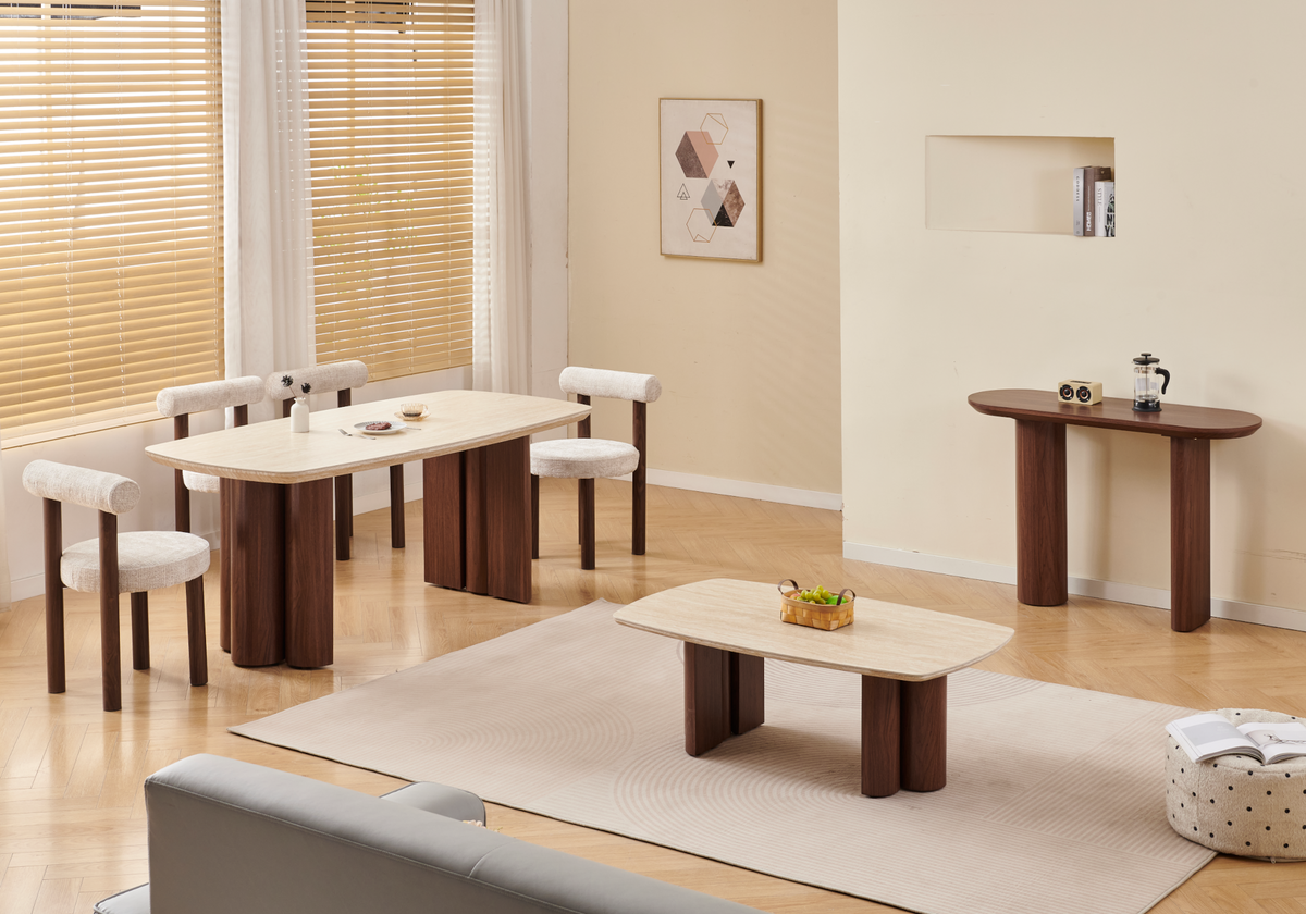 Salle à manger complète design travertin et noyer | Zelix