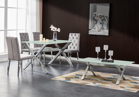 Table salle à manger verre trempé pieds en x argent | Zyro
