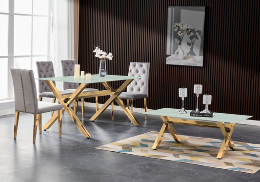 Ensemble salle à manger verre trempé pieds x dorés | Zyro