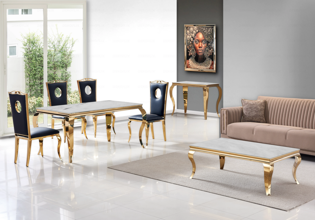 4 chaises médaillon baroque dorées simili noir | Kivo