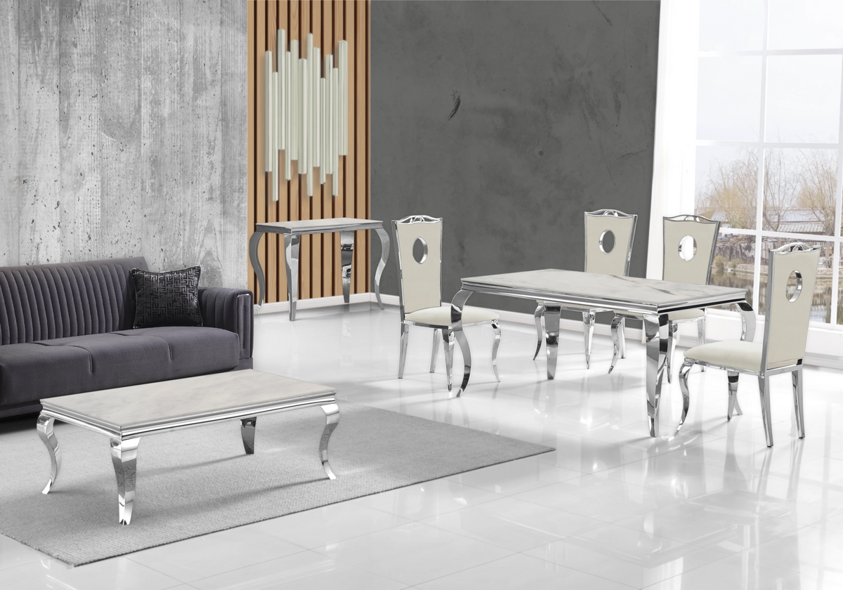 Salle à manger complète marbre beige et argent | Halo