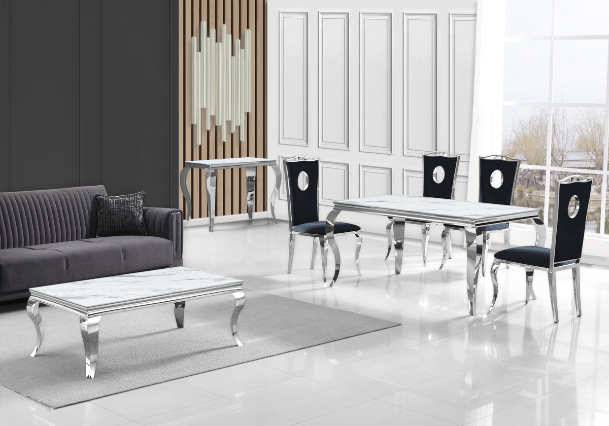 Bout de canapé design marbre blanc et argent | Halo