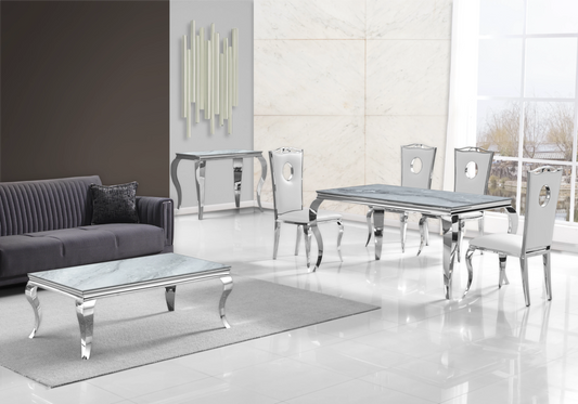 Salle à manger complète marbre blanc et argent | Halo