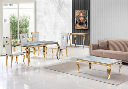 Ensemble table marbre gris et 4 chaises dorées | Halo