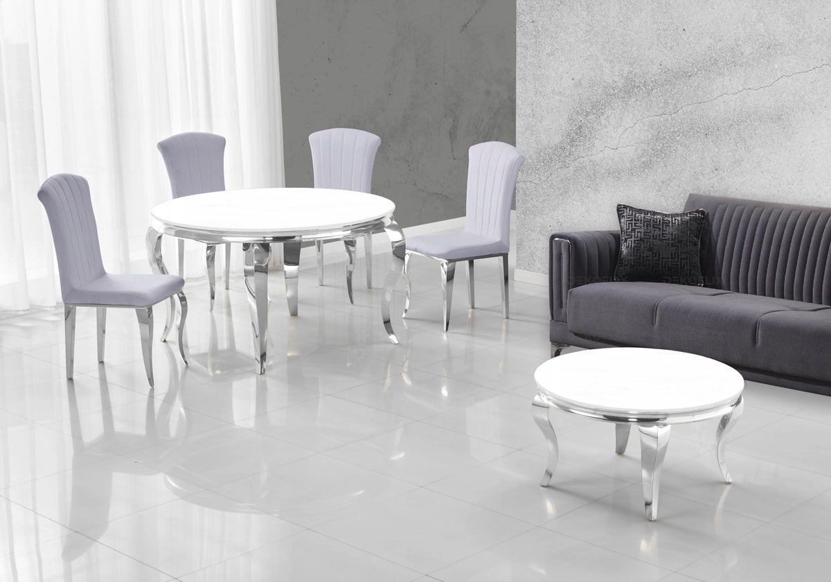 Ensemble salle à manger ronde verre blanc argent | Halo