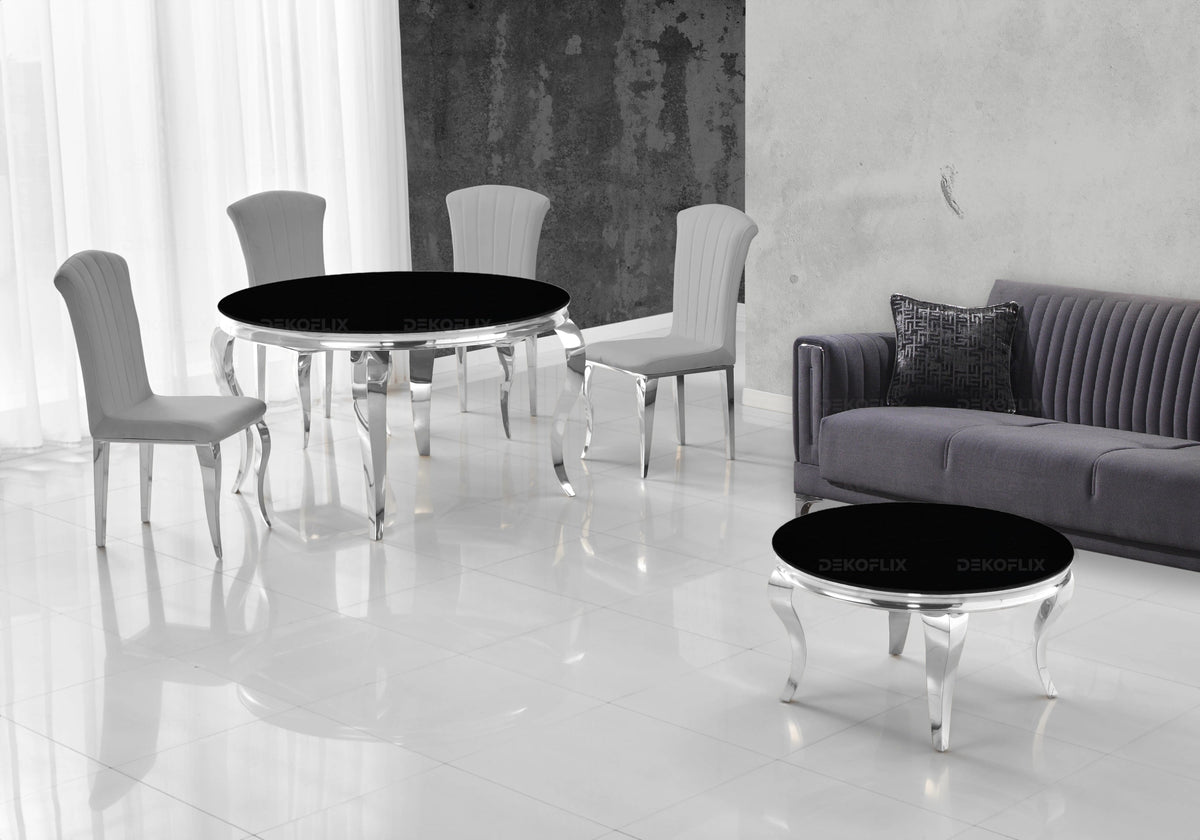 Ensemble salle à manger ronde verre noir argent | Halo