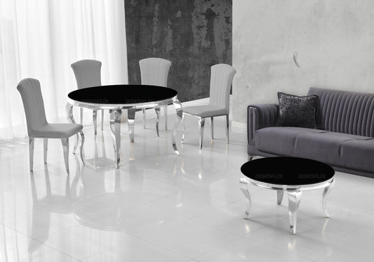 Ensemble salle à manger ronde verre noir argent | Halo