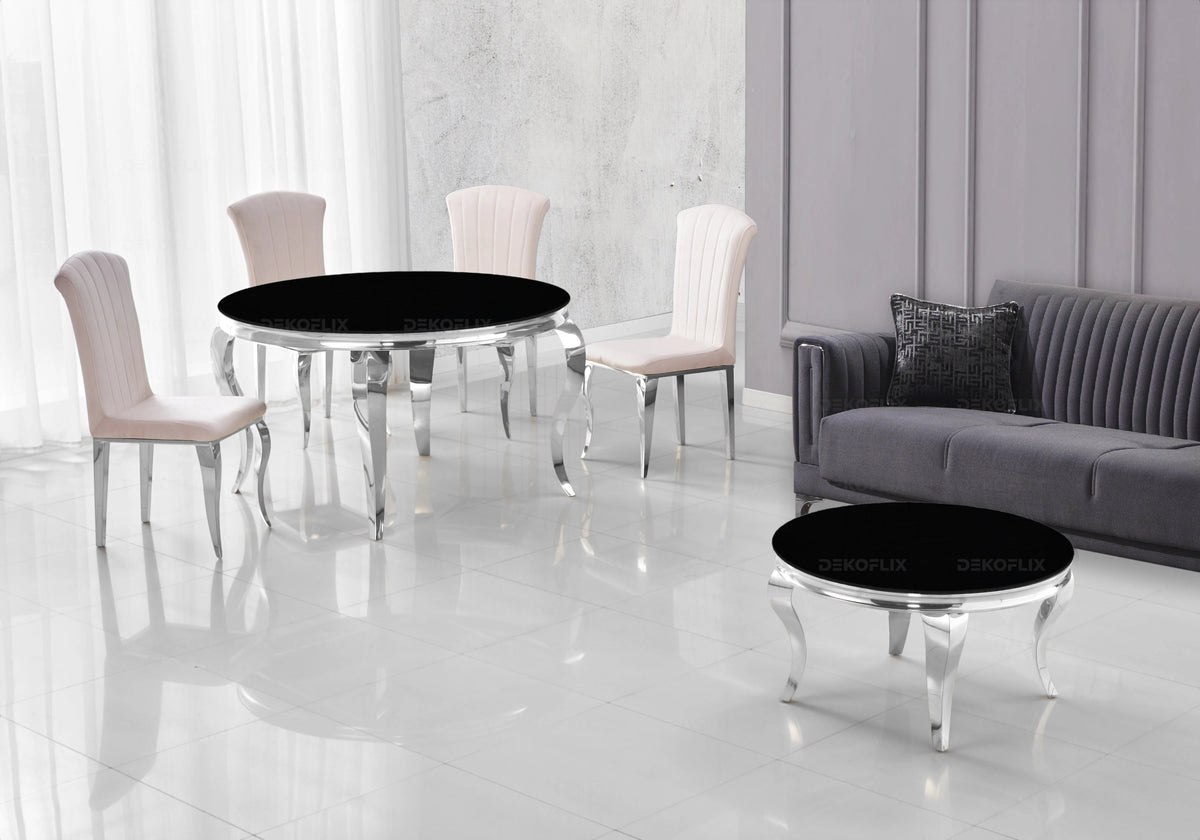 Ensemble salle à manger ronde verre noir argent | Halo