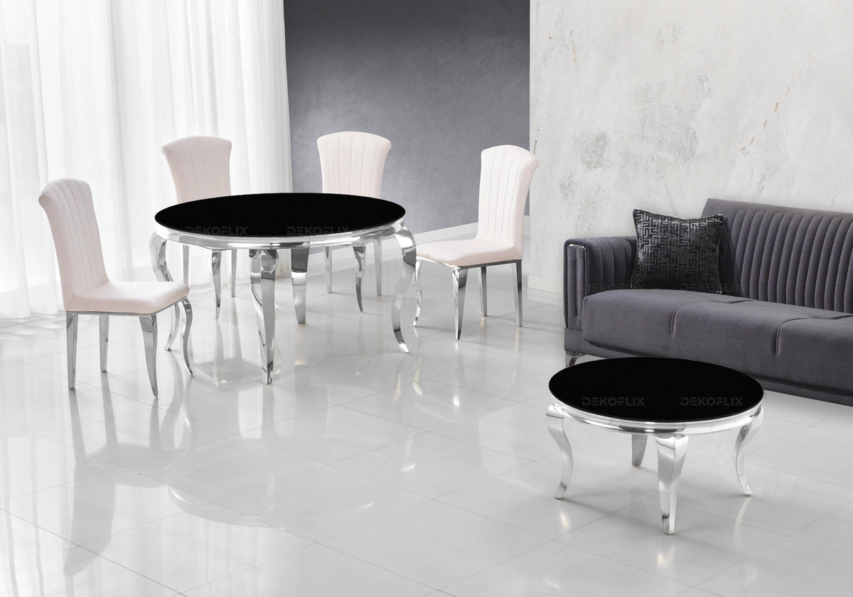 Ensemble salle à manger ronde verre noir argent | Halo