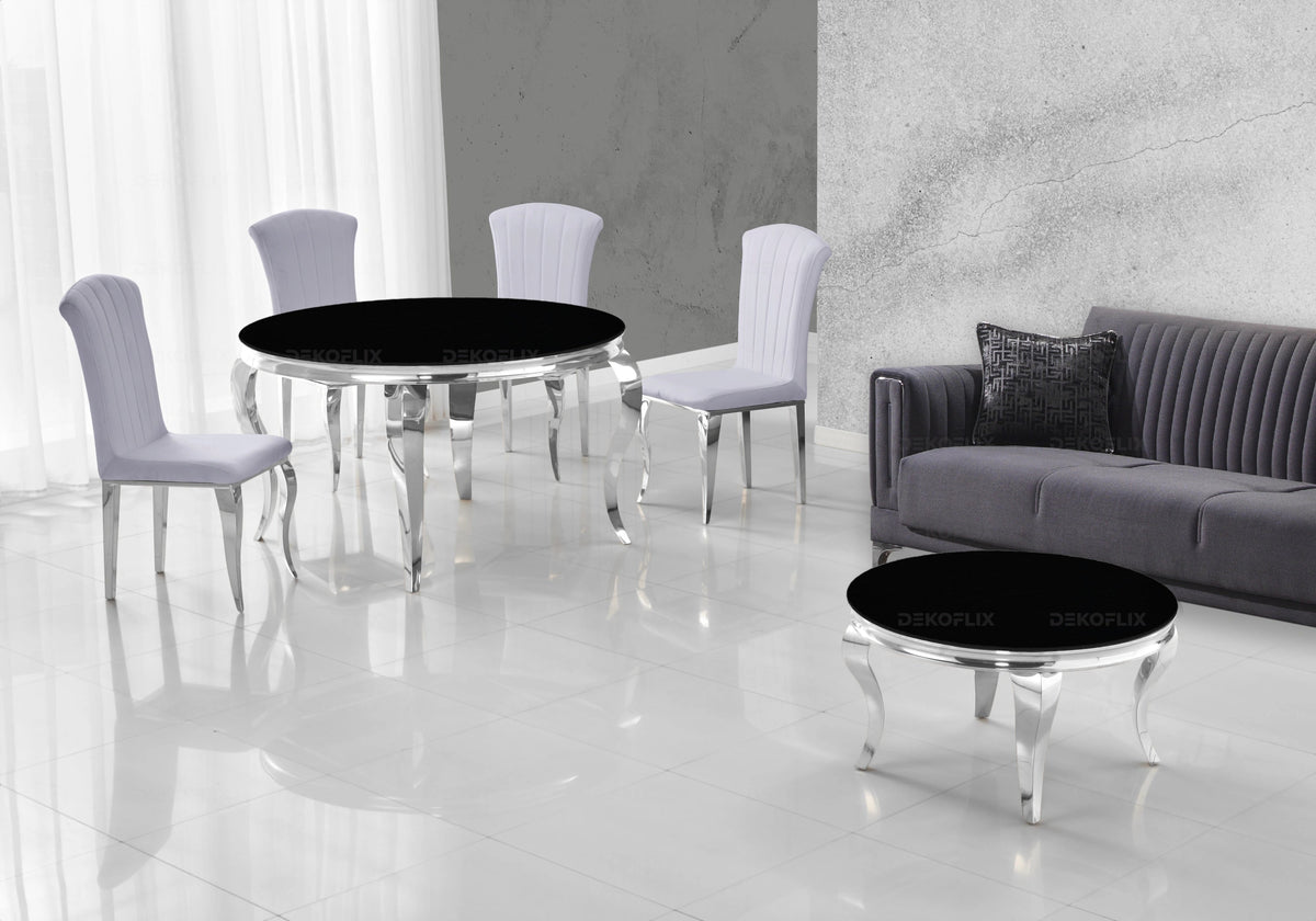 Ensemble salle à manger ronde verre noir argent | Halo