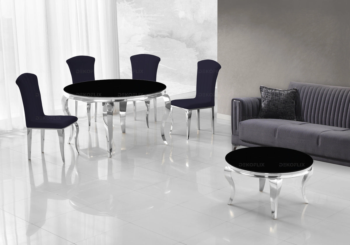 Ensemble salle à manger ronde verre noir argent | Halo