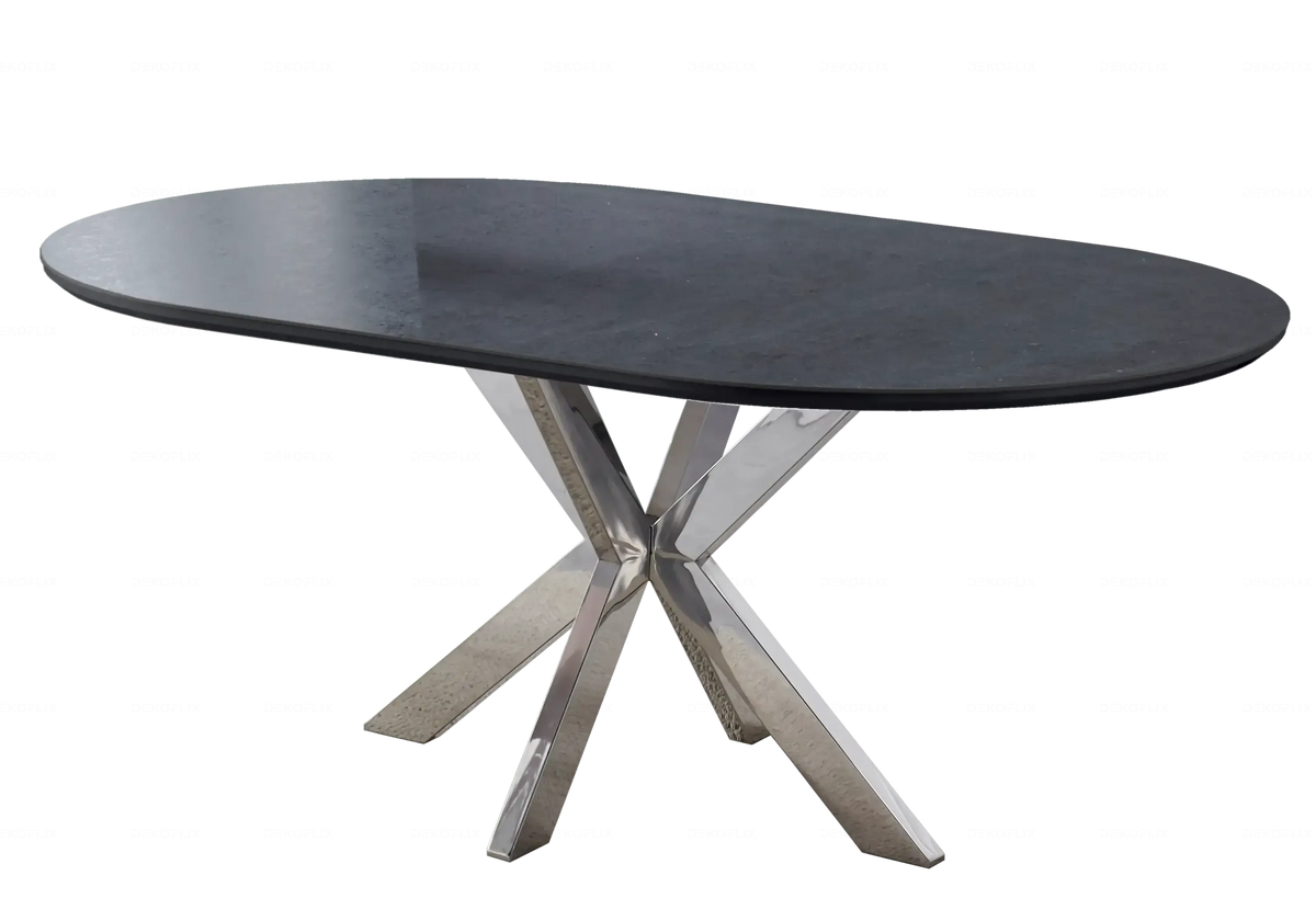 Table ovale en pierre noire et 4 chaises argent | Zelix