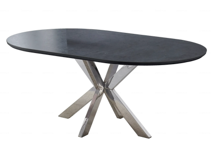 Table ovale en pierre noire et 4 chaises argent | Zelix