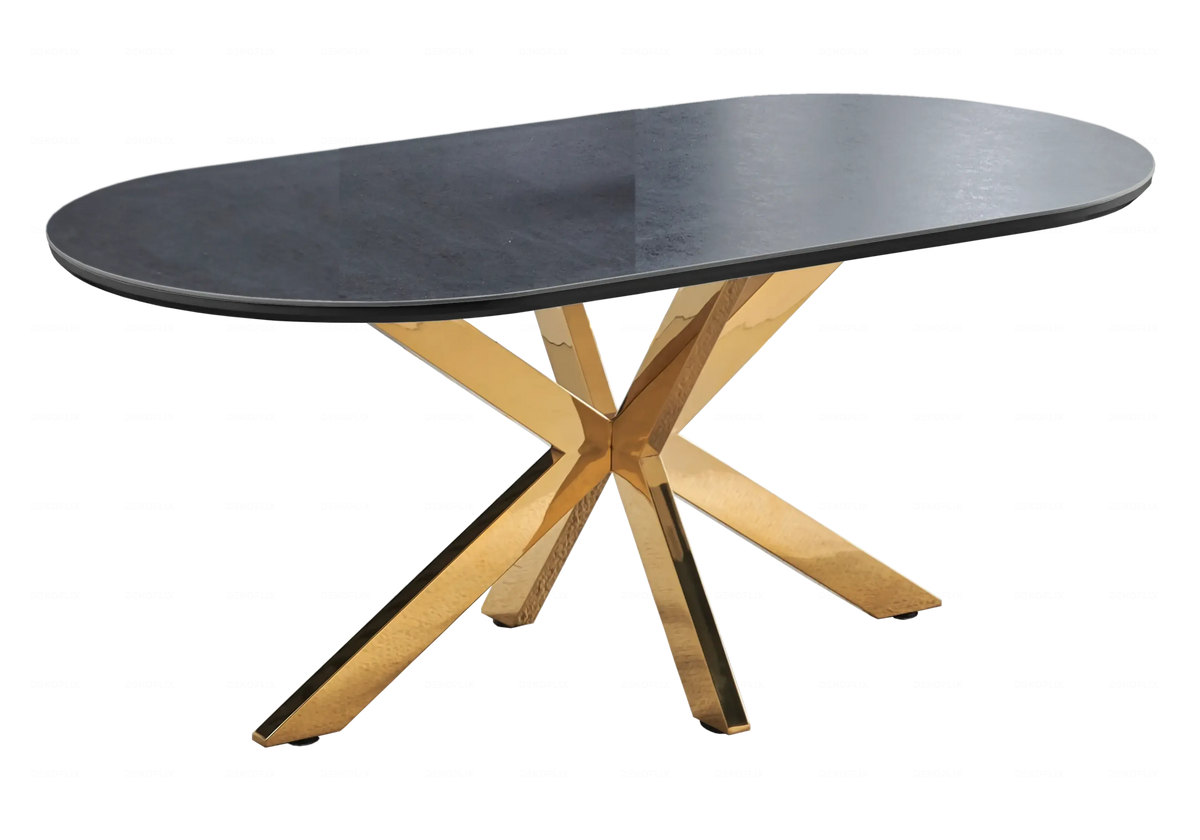 Table ovale en pierre noire et 4 chaises dorées | Zelix