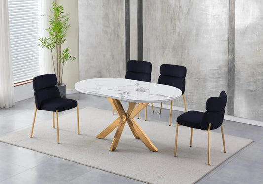 Table ovale marbre blanc et 4 chaises dorées | Zelix