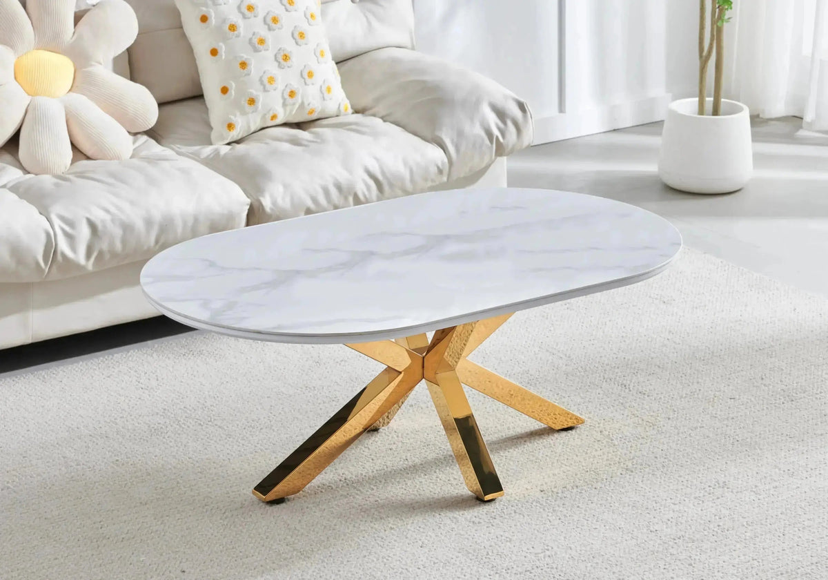 Table basse ovale en céramique effet marbre doré | Zenix