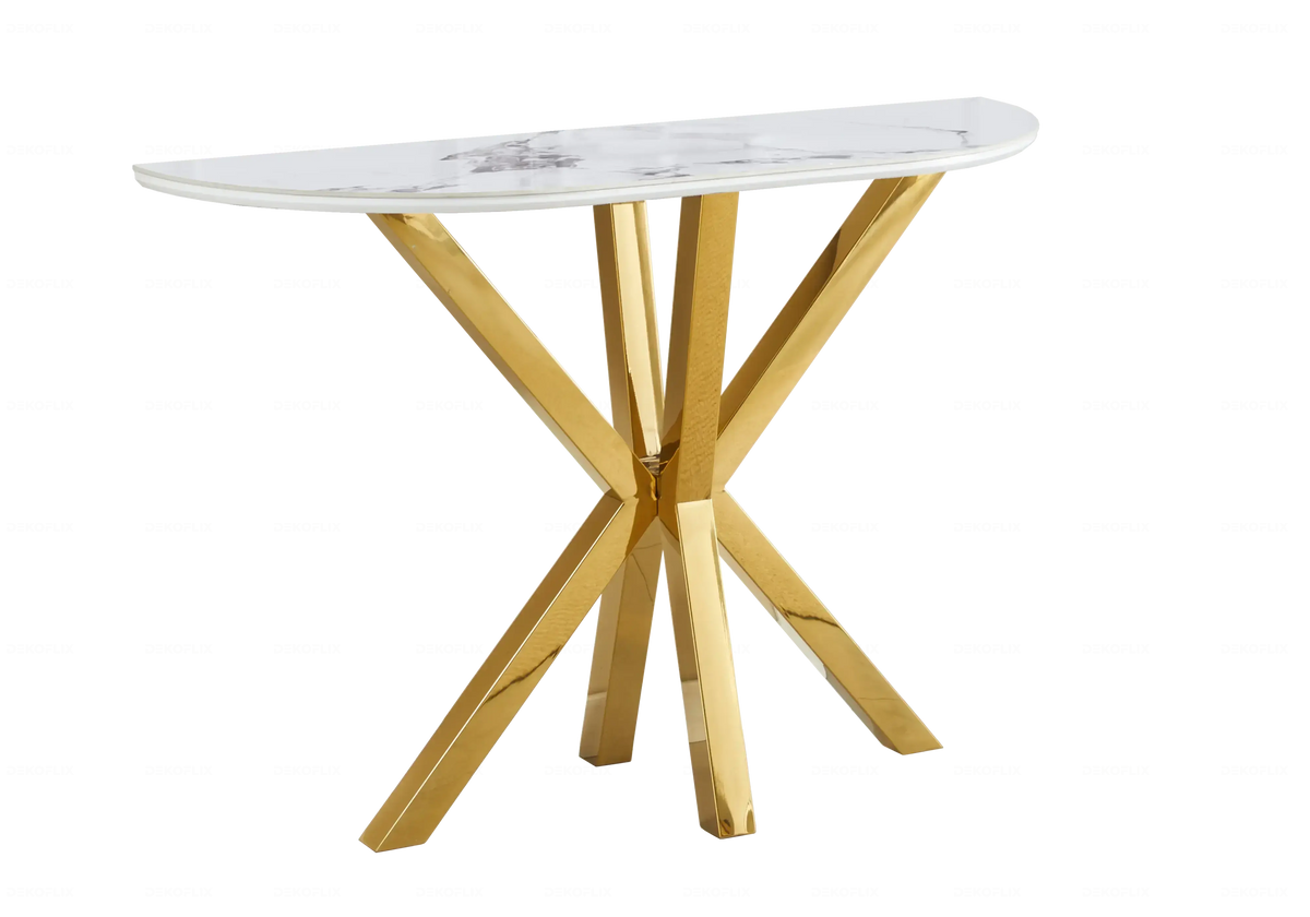 Console demi-lune dorée en céramique marbre blanc | Zenix