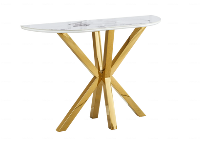 Console demi-lune dorée en céramique marbre blanc | Zenix