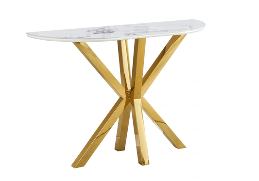 Console demi-lune dorée en céramique marbre blanc | Zenix