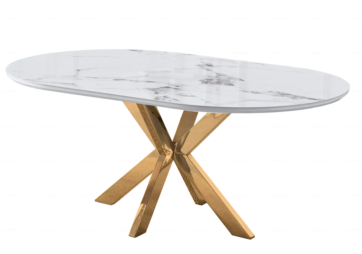 Table à manger ovale céramique marbre et pied doré | Zenix