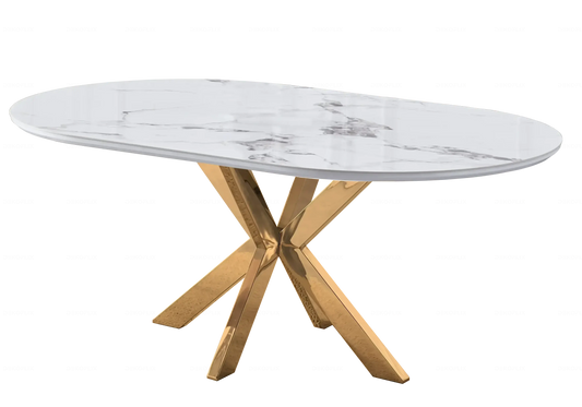 Table à manger ovale céramique marbre et pied doré | Zenix