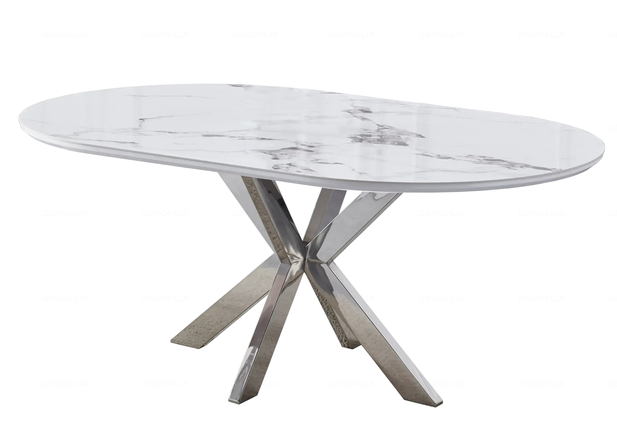 Table ovale marbre blanc et 4 chaises argent | Zelix