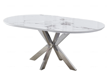 Table ovale marbre blanc et 4 chaises argent | Zelix