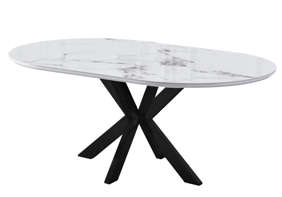 Table ovale marbre blanc et 4 chaises noires | Zelix