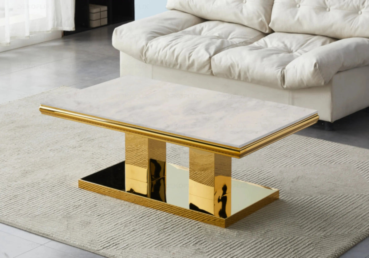 Table à manger design marbre beige et métal doré | Dyax