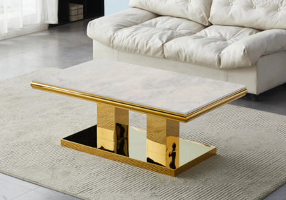 Table à manger design marbre beige et métal doré | Dyax