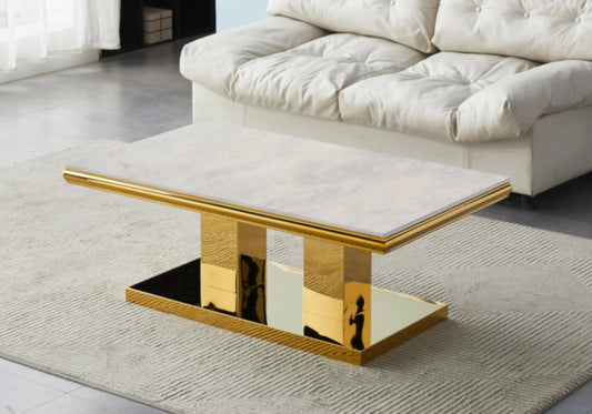 Table basse verre effet marbre beige et doré | Dyax