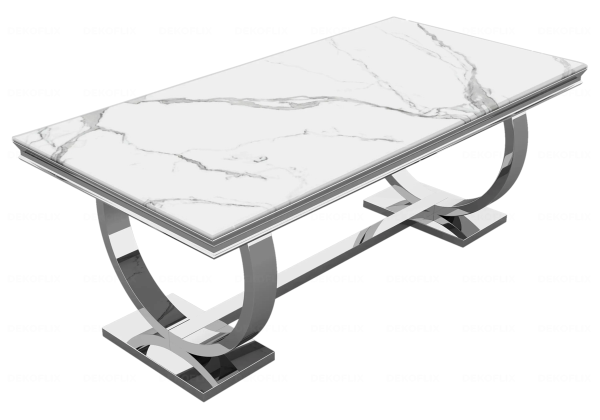 Table à manger effet marbre blanc et acier argent | Zyra