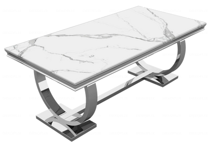 Table à manger effet marbre blanc et acier argent | Zyra