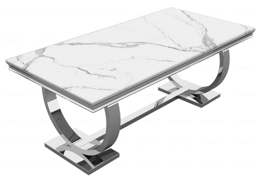 Table à manger effet marbre blanc et acier argent | Zyra