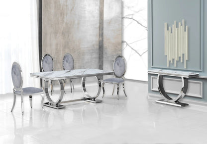 Table à manger effet marbre blanc et acier argent | Zyra
