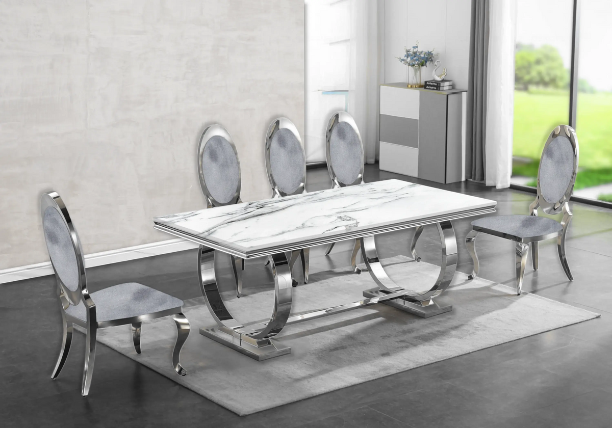Table à manger effet marbre blanc et acier argent | Zyra