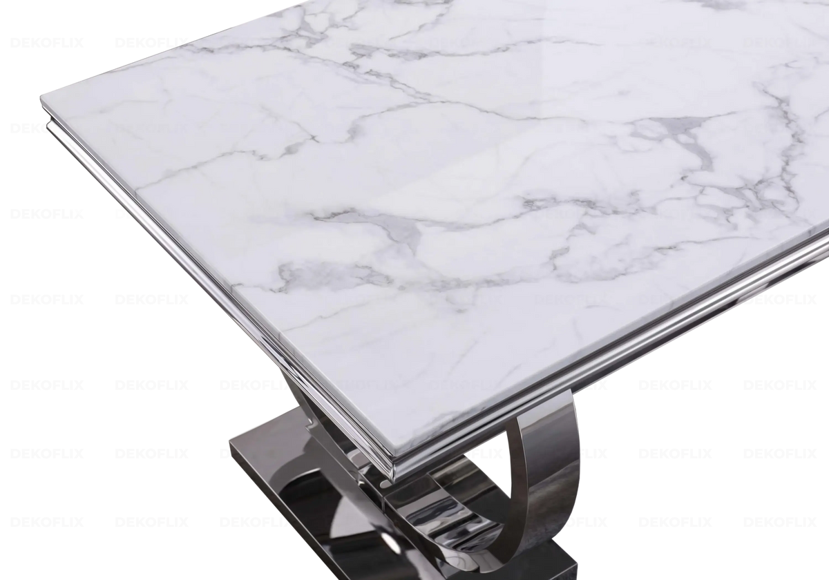 Table à manger effet marbre blanc et acier argent | Zyra