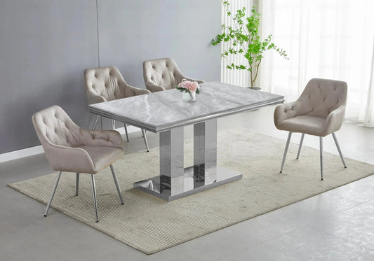 Table à manger design marbre gris et métal argenté | Dyax