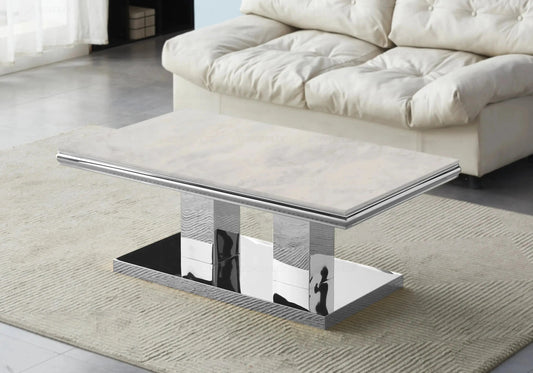 Table basse design marbre beige et métal argent | Dyax