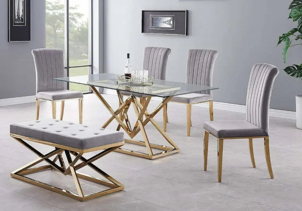 Ensemble table à manger dorée et 6 chaises grises | Kaelo