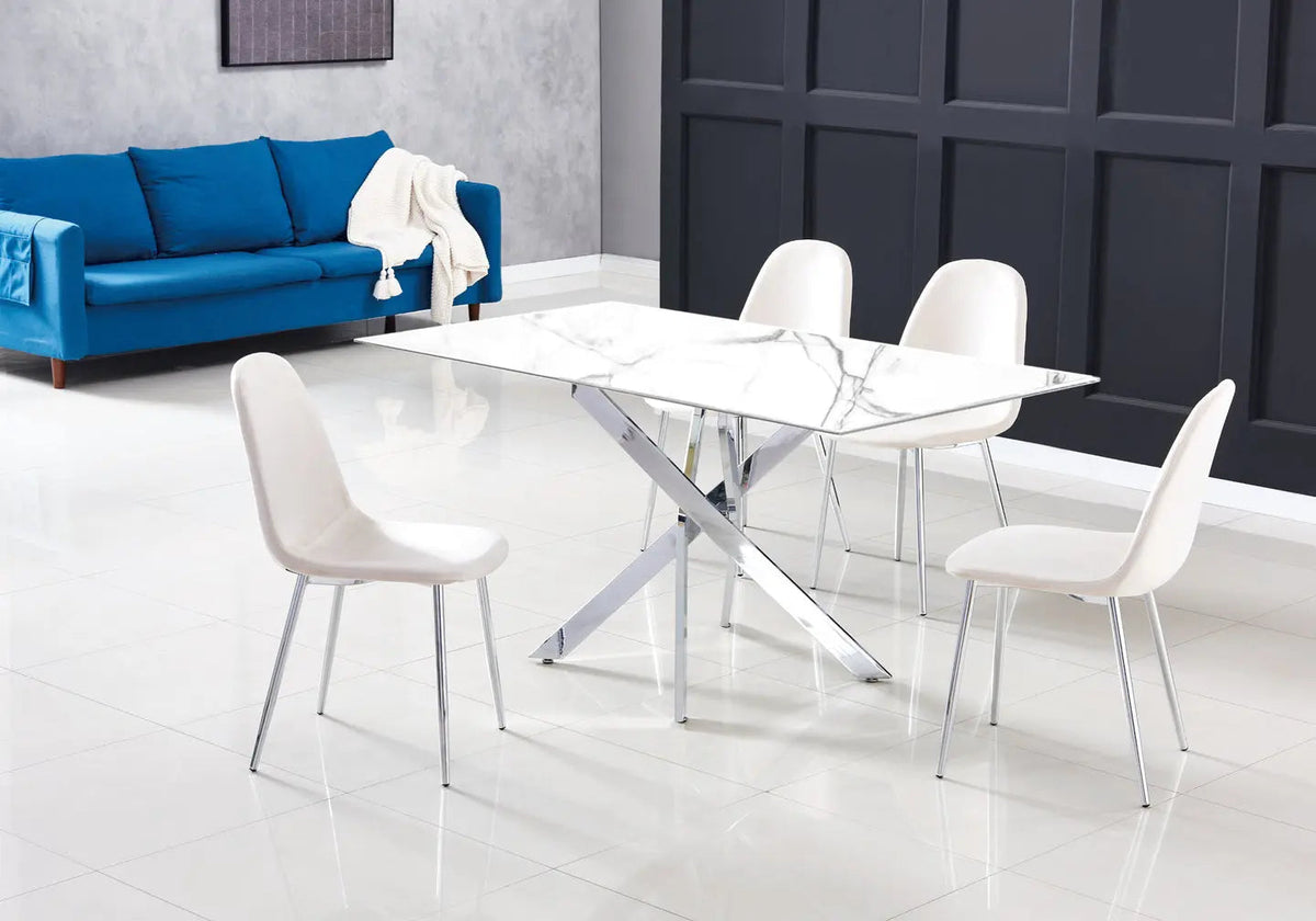 Table à manger argentée et effet marbre blanc | Koda