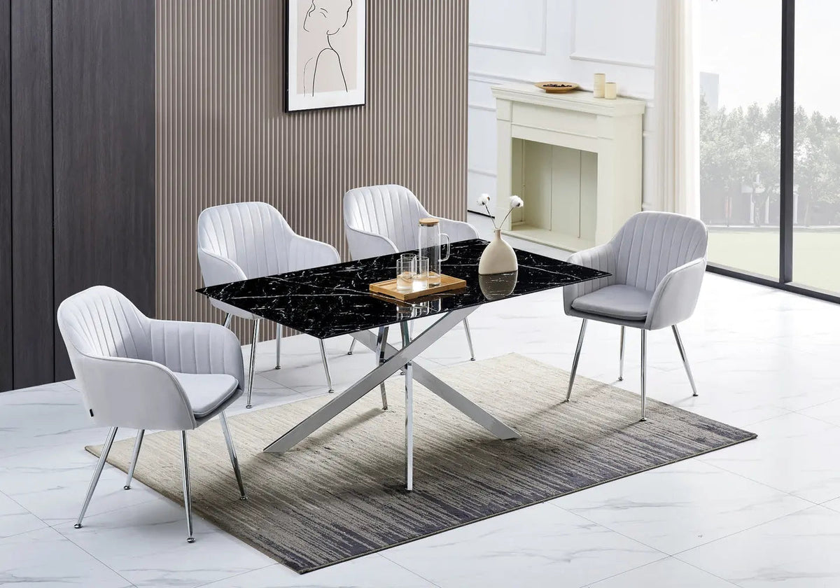 Table à manger effet marbre noir et acier argenté | Koda