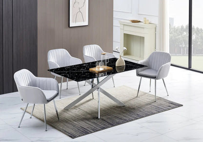 Table à manger effet marbre noir et acier argenté | Koda