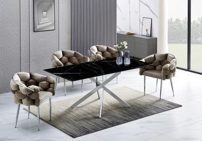 Table à manger effet marbre noir et acier argenté | Koda