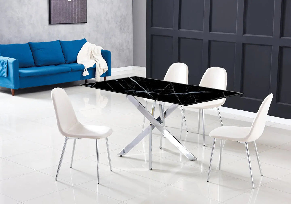 Table à manger effet marbre noir et acier argenté | Koda